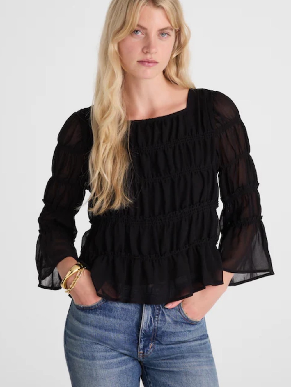 NEW MADEWELL Squareneck Tiered Top Jet Black Sheer Bell Sleeves Size Large